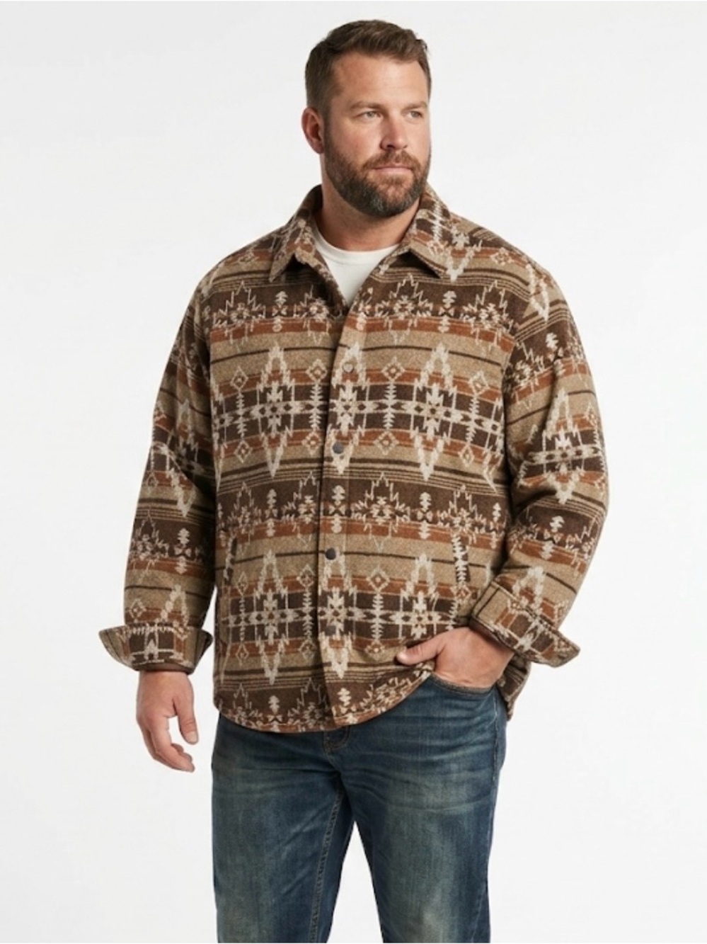 Weatherproof Men’s Brown & Tan Aztec Button-Up Shirt Jacket Size XXL NWT